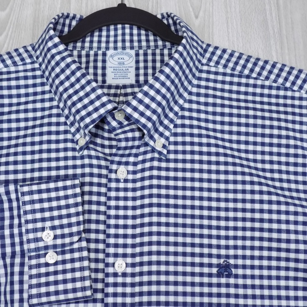 Brooks Brothers 1818 Regular Shirt Mens XXL Navy Gingham Non-Iron Stretch EUC